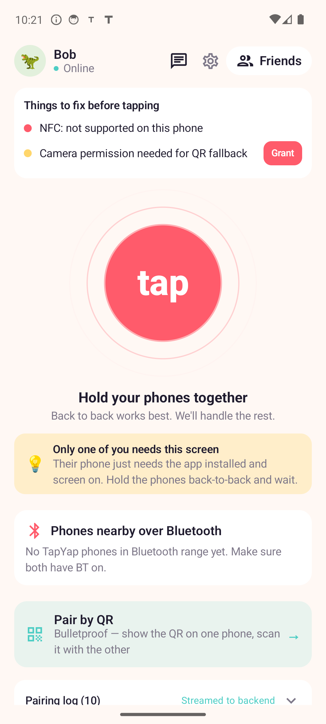TapYap ready-to-tap screen showing the tap pulse